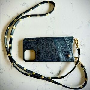 Bandolier Black Leather iPhone 12 ProMax Case with Gold Accents